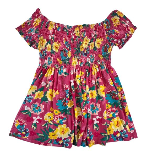 Bobbie Brooks Blouse Large Pink Floral Smocked Off Shoulder Boho Summer Peplum - Picture 7 of 9